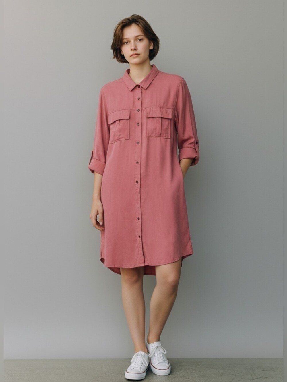 Vintage Cupro Dusty Rose Button-Down Shirt Dress